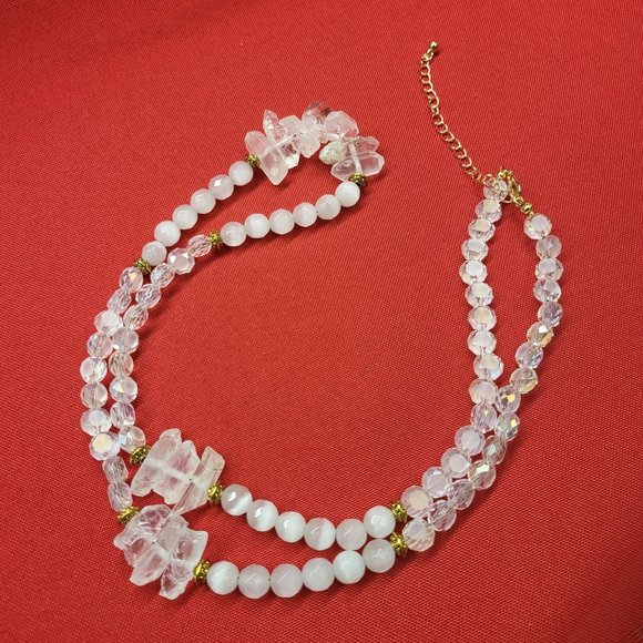 Rough Quartz Necklace with White and Clear Round Beads - Picture 1 of 12